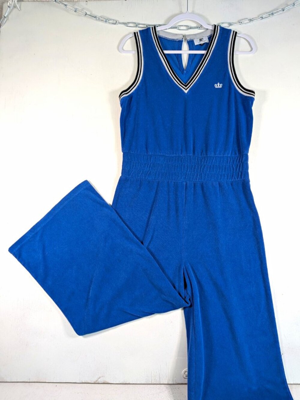 Juicy Couture Womens Blue Velour Sleeveless V-Neck Wide Leg Jumpsuit Size 2XL